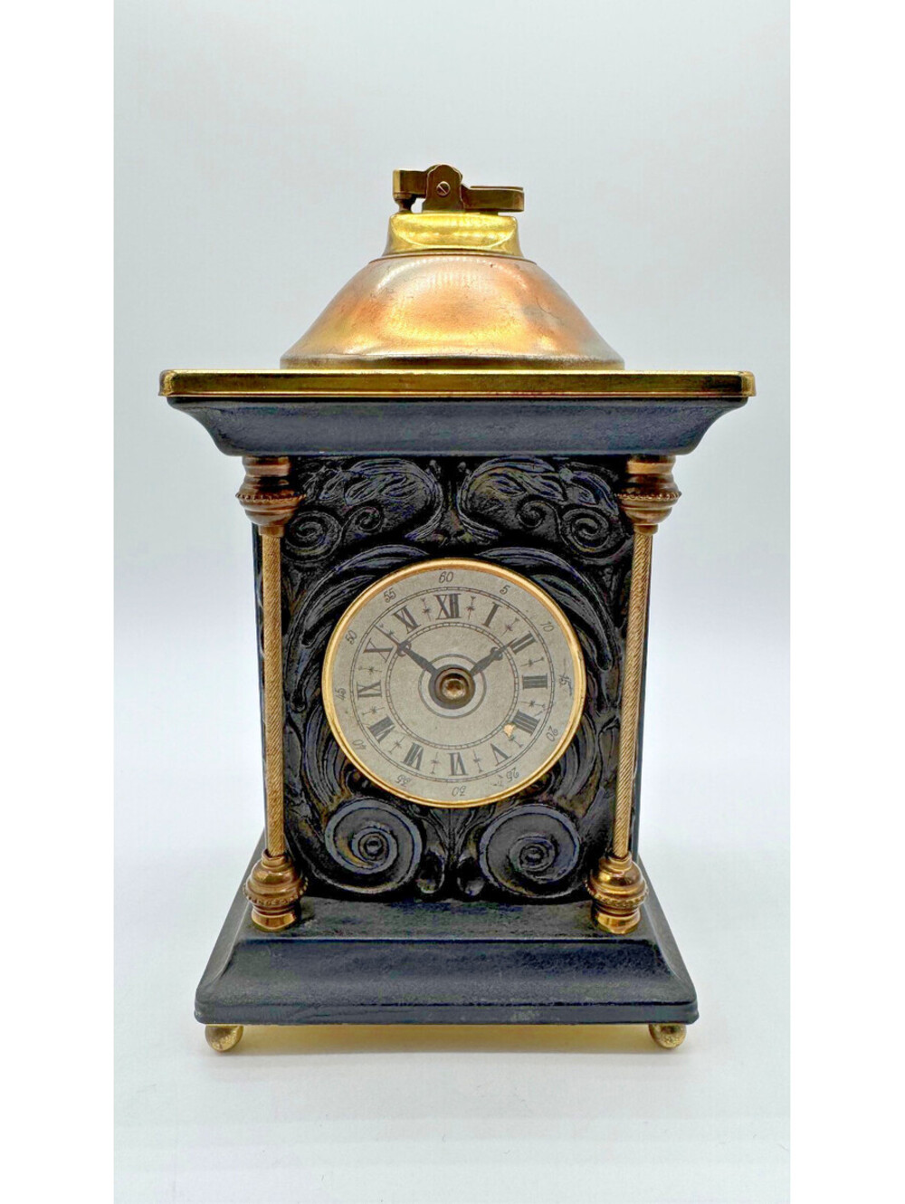 Vintage 1960s Japan Mantel Clock Table Lighter Black Gold Ornate Roman Numeral